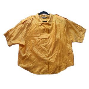 Vintage Ashleigh Morgan Yellow Crinkle Short Sleeve Canary Yellow Blouse Button